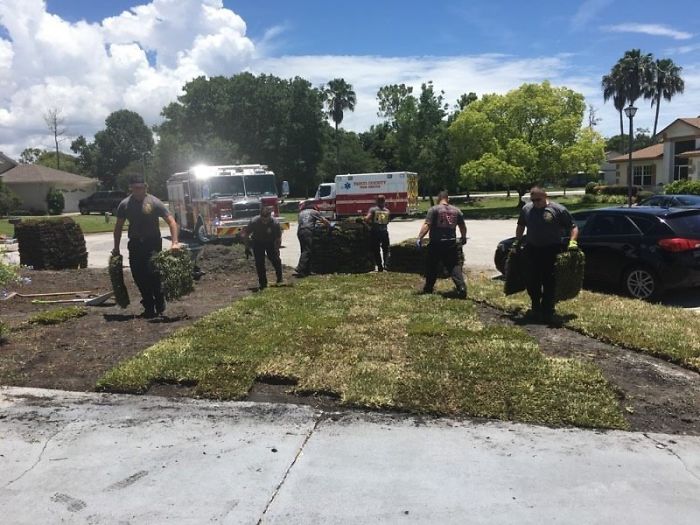 A Man In Florida Had A Heart Attack While Sodding His Yard. A Group Of Firefighters And EMTS Transported Him To The Hospital And Helped Save His Life, Then They Came Back To His Home And Finished Sodding His Yard