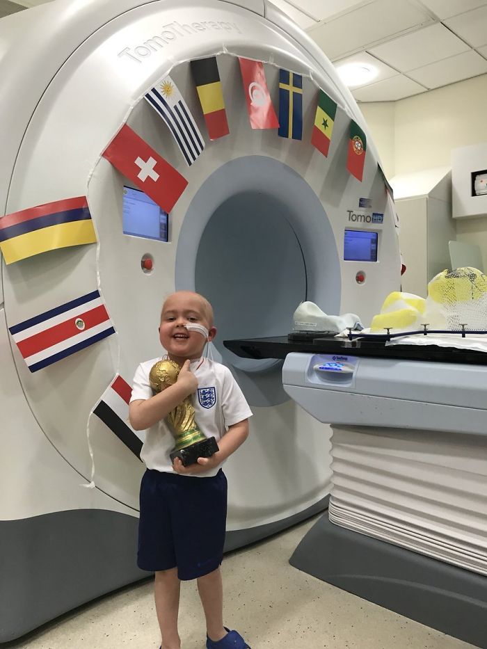 A Young English Football Fan Named Ben Completed Six Weeks Of Radiotherapy For A Brain Tumor. After Completing His First Round Of Treatment He Was Rewarded With His Own World Cup For His Bravery