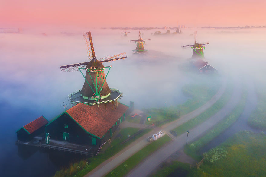Windmills Rising Above The Fog When The Sun Was Still Below The Horizon Giving A Beautiful Pink Glow