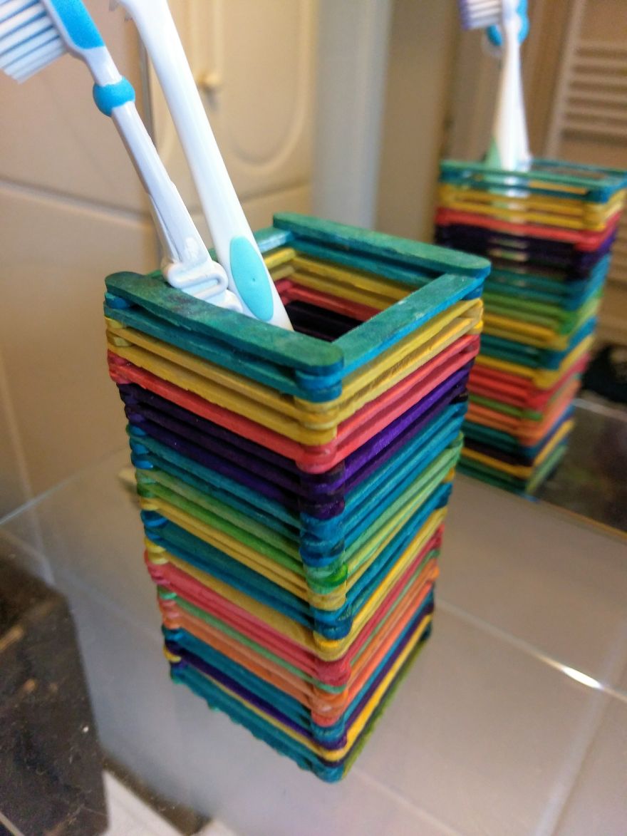 A Made A Toothbrush Holder Out Of Popsicle Sticks