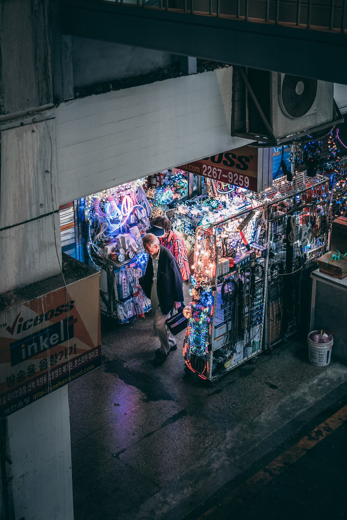 Street market stall decorated with colorful lights in Seoul, captured by an English teacher living in Korea.