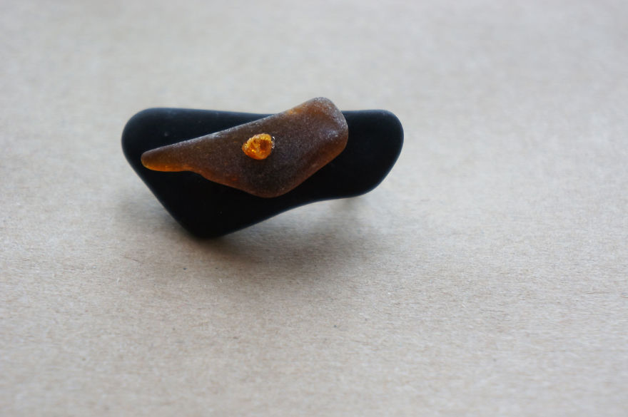 Unique Brooch Made From Baltic Sea Gifts - Glass, Stones And Amber