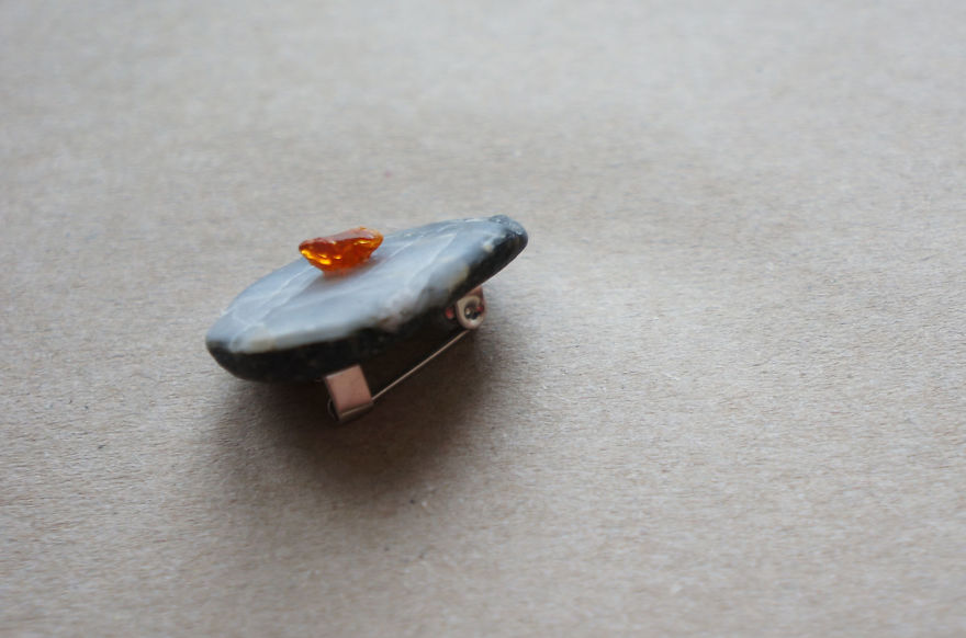Unique Brooch Made From Baltic Sea Gifts - Glass, Stones And Amber