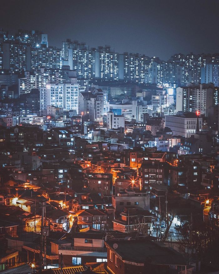 Seoul cityscape at night showing urban residential buildings with lights glowing, captured by an English teacher in Seoul.