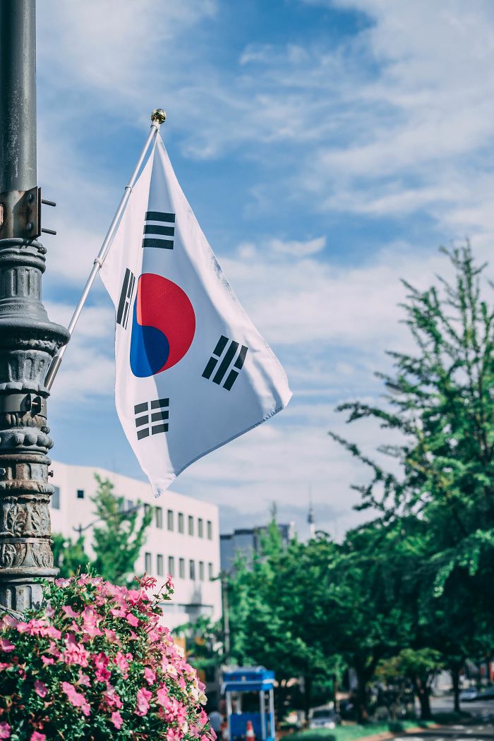 South Korean flag hanging on a pole outdoors with trees and buildings, representing life in Seoul as an English teacher.
