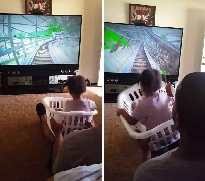 Loving Father Takes His Daughter On A Virtual Rollercoaster Ride In A Laundry Basket, And Her Reaction Is The Best