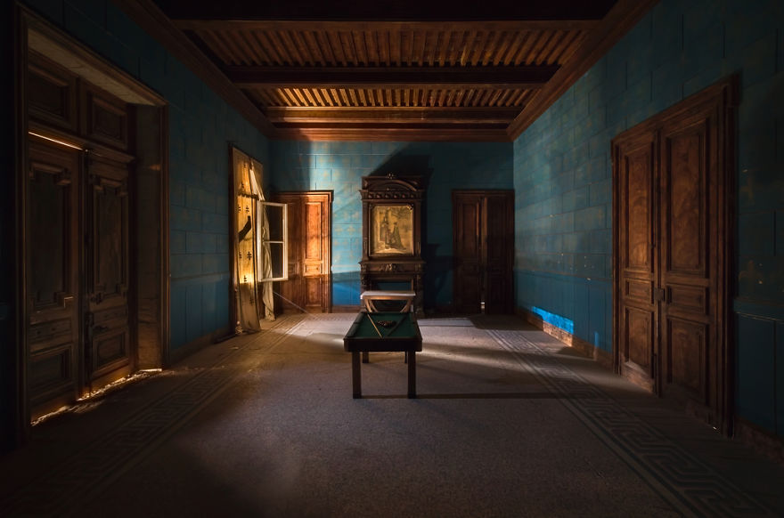 Blue Room With A Pool Table In An Abandoned Castle