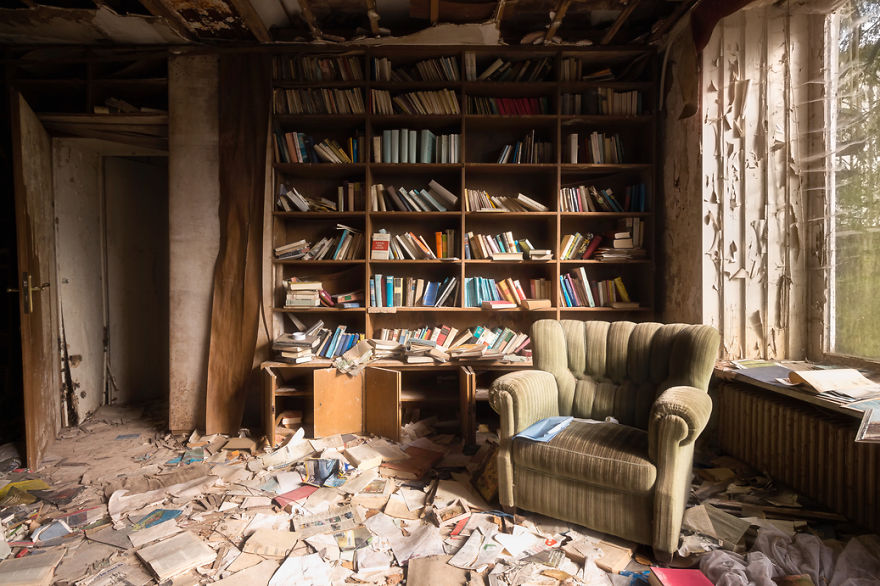 Left Behind Books In An Abandoned House