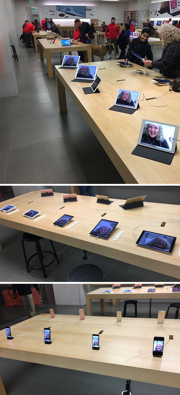 My Dad And I (Jokingly) Told My Mom We Would Leave The Apple Store Only After She Had Taken A "Selfie" On Every Single Device... Next Thing I Know Her Face Is All Over The Store