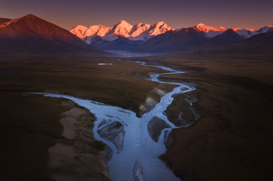 Aerial Shot Of Sunset At The Sary-Jaz Valley On The Border Of Kyrgyzstan And China