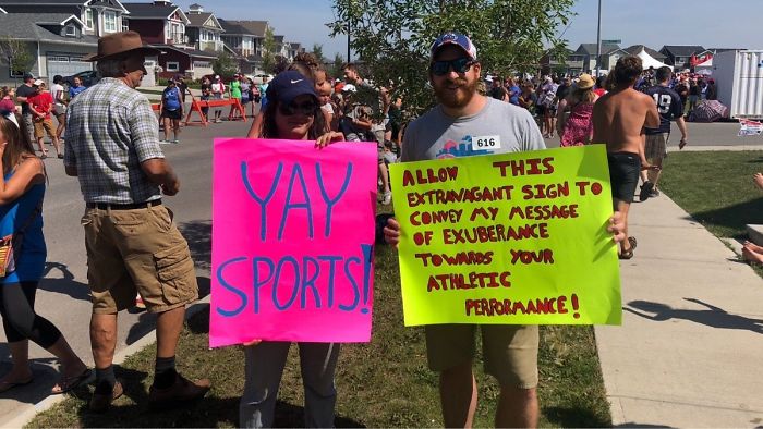 My Friend And I Made Signs For My Girlfriend’s Half Ironman Race!