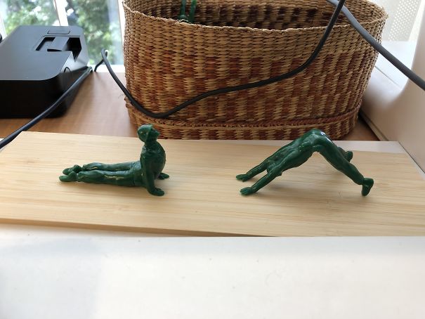 A Lady In My Office Has A Basket Of Green Army Men In Yoga Poses