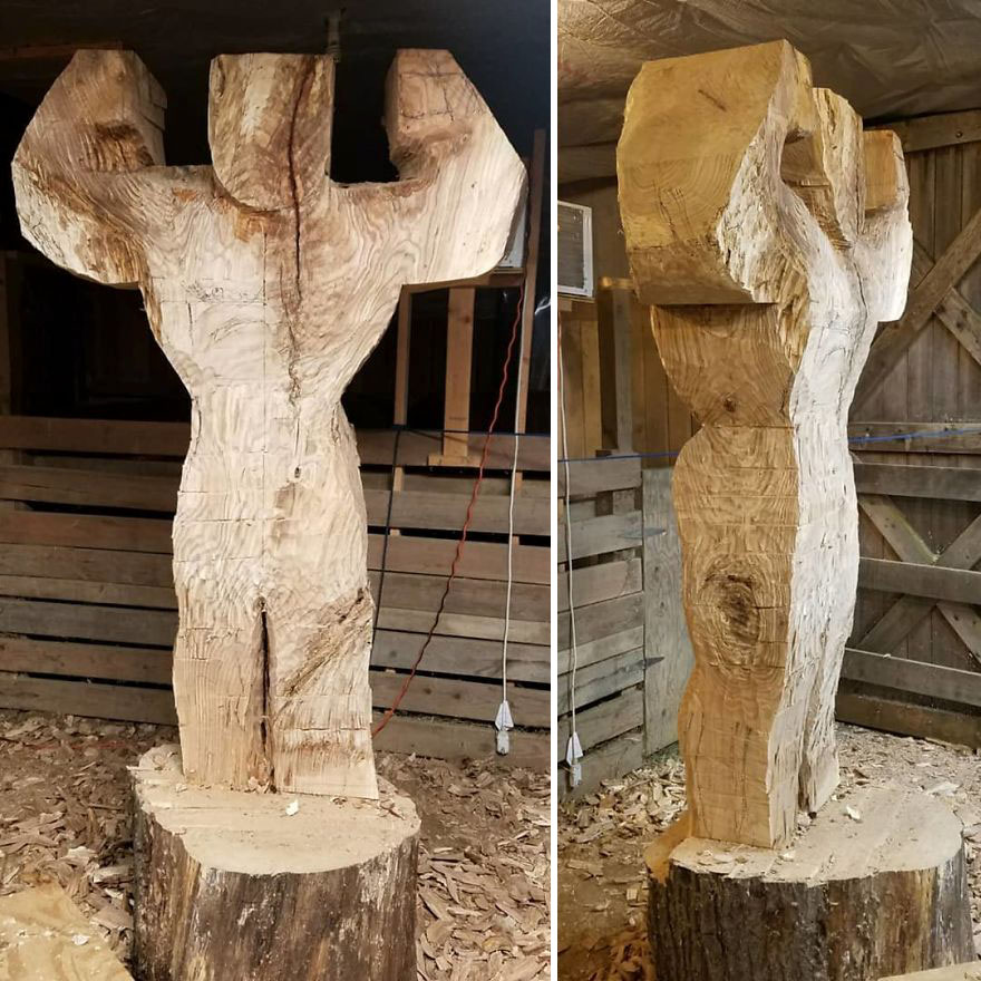 Sculptor Creates A Life-Size Statue Of Arnold Schwarzenegger Out Of Tree Trunk