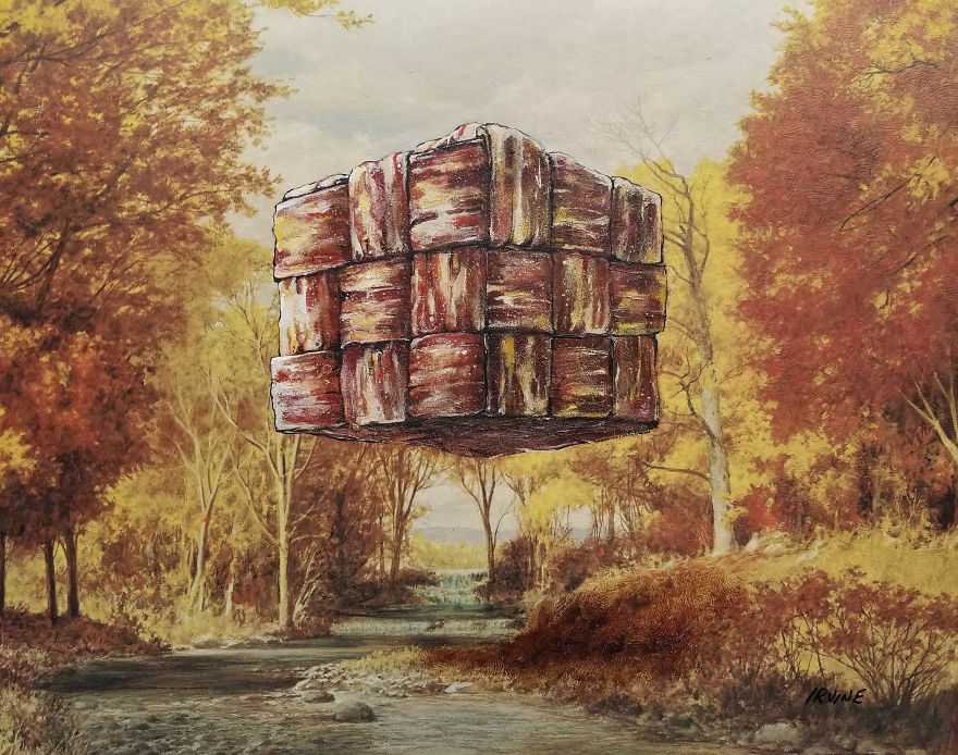 Cube Of Woven Bacon Hovering Over Stream
