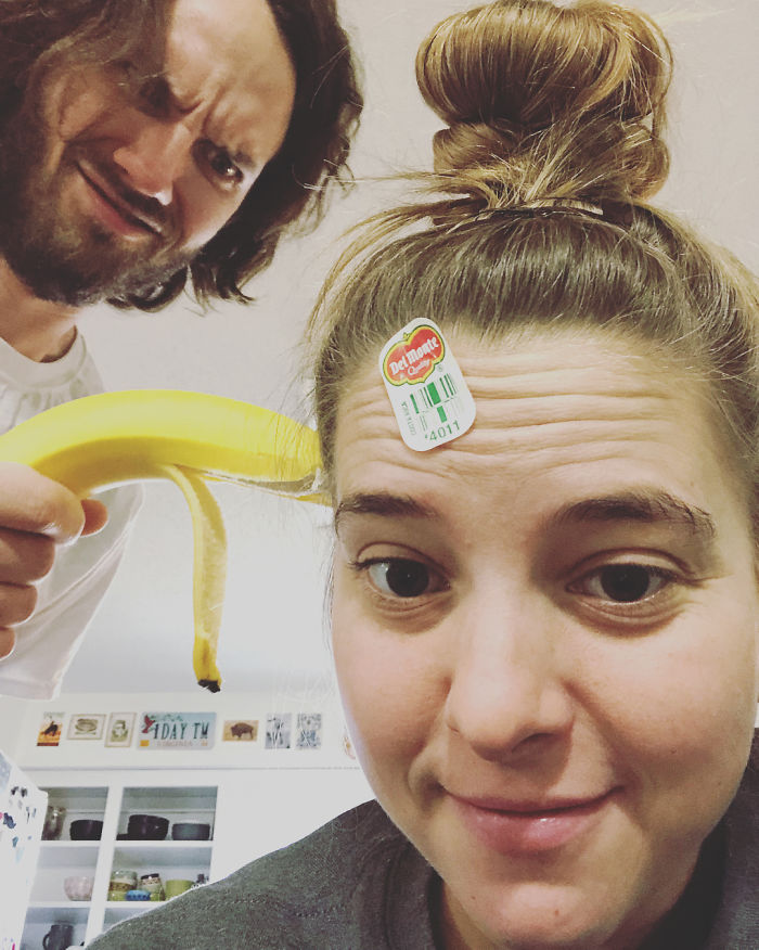 This Is My Daily Life: Trevor Puts This Sticker On My Forehead, Holds A Banana Up To My Head And Says “This Is A Stick Up”