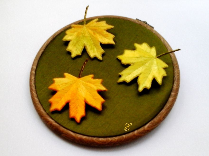 Hand Embroidered Brooch. Autumn Maple Leaves.