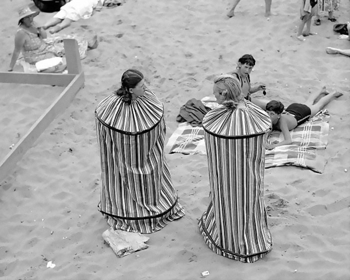 Rita Perchetti And Gloria Rossi Try Out Their New Portable Bathhouse So They Can Change Their Clothes After Sunbathing On Coney Island Beach, 1938