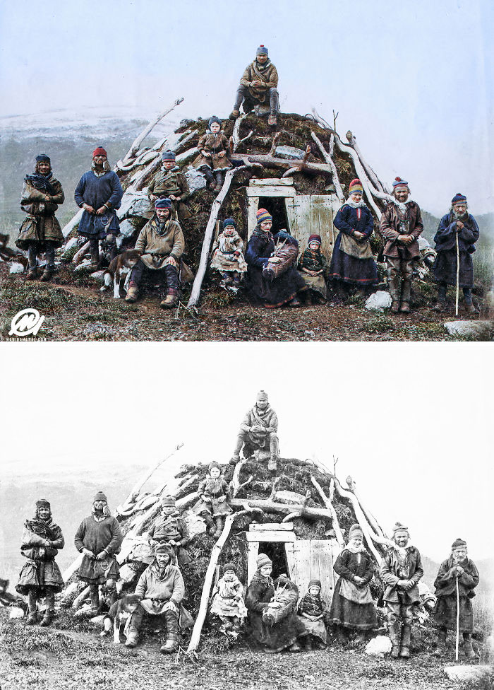 Sami People And A Traditional Peat Hut, CA. 1850