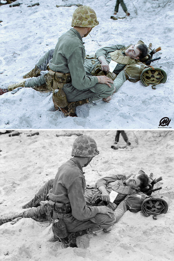 A U.S. Navy Hospital Corpsman Takes Down The Information Of A U.S. Marine Of The 1st Marine Division Who Was Killed On The Beach Of Peleliu During The American Landings Of The Battle Of Peleliu (Operation Stalemate II)