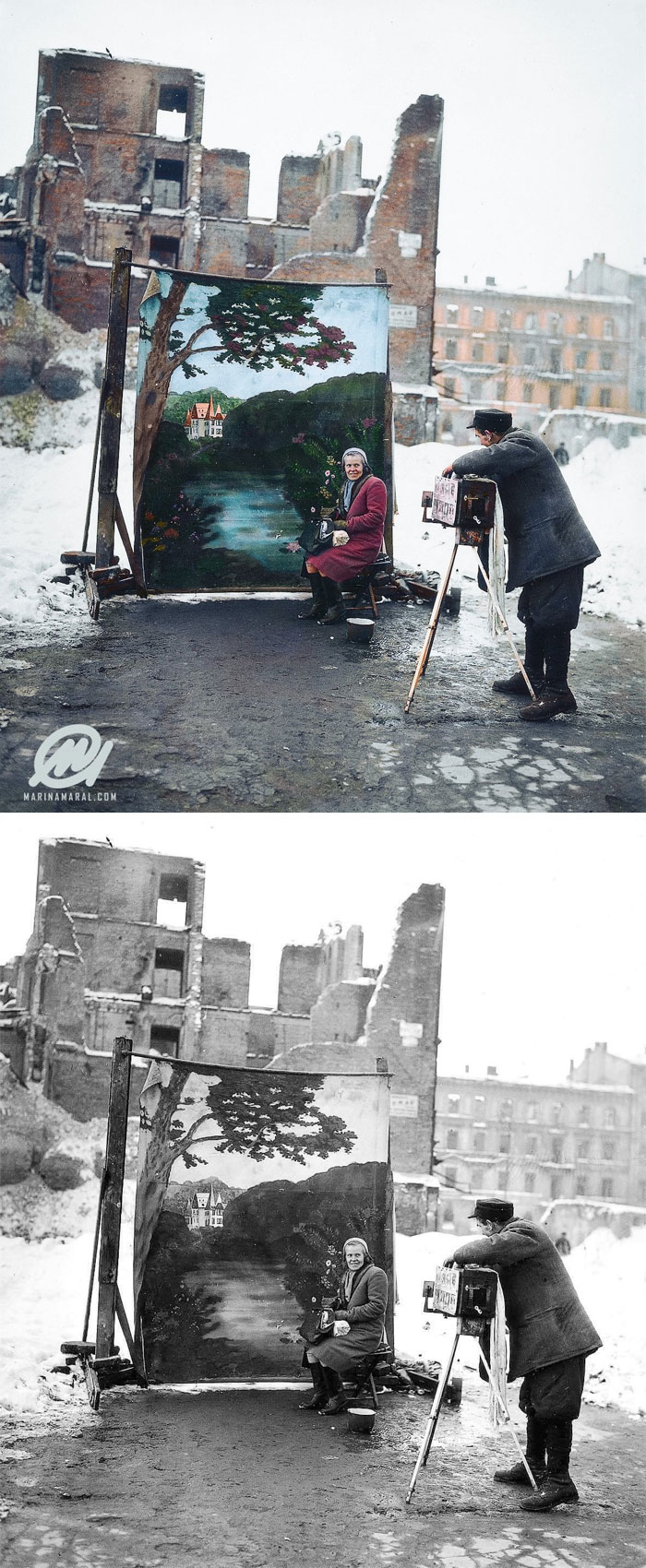 A Photographer Uses His Own Backdrop To Mask Poland's World War II Ruins While Shooting A Portrait In Warsaw In November 1946