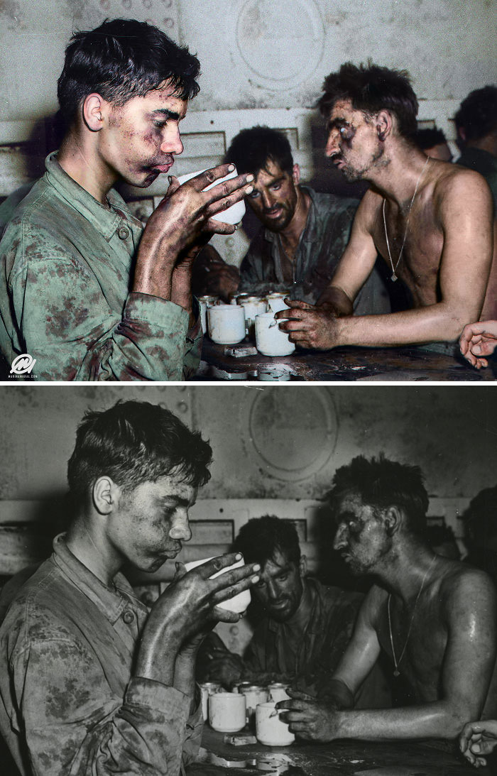 US Marine Corps Private First Class Faris M. Tuohy Drinking A Cup Of Coffee Aboard A Ship Off Eniwetok After Two Days Of Fighting, Marshall Islands, Feb 1944