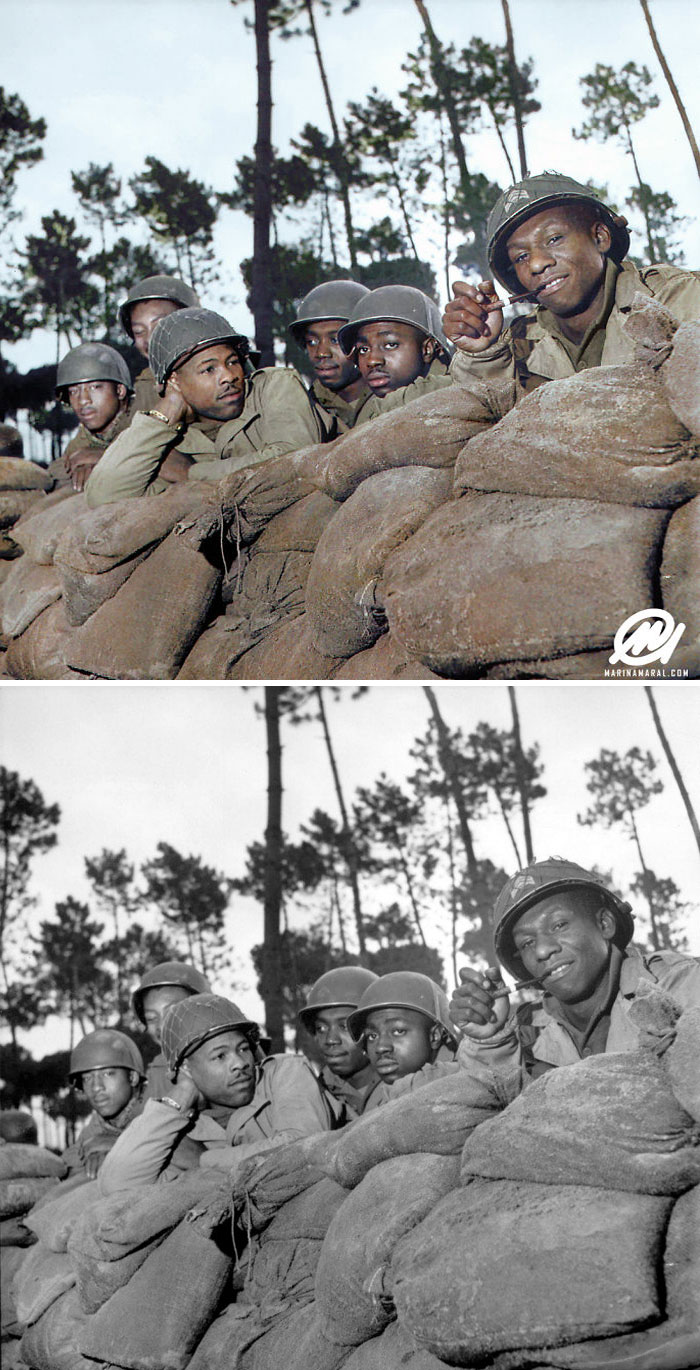 American Infantrymen Of The U.S. Army’s 92nd Infantry Division (“Buffalo Soldiers Division”) Are Photographed At Rest In Italy. April 1945