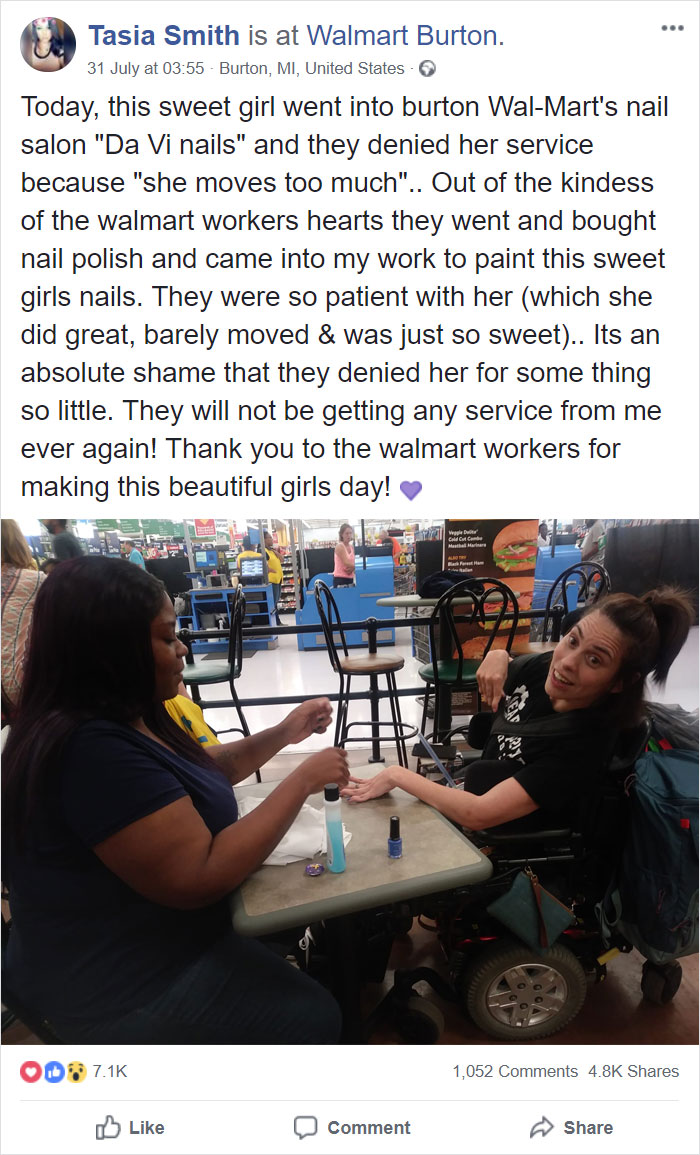 Kindhearted Walmart Cashier Paints A Wheelchair-Bound Woman's Nails After Salon Turned Her Away Because Her Hands 'Move Too Much' Due To Her Cerebral Palsy