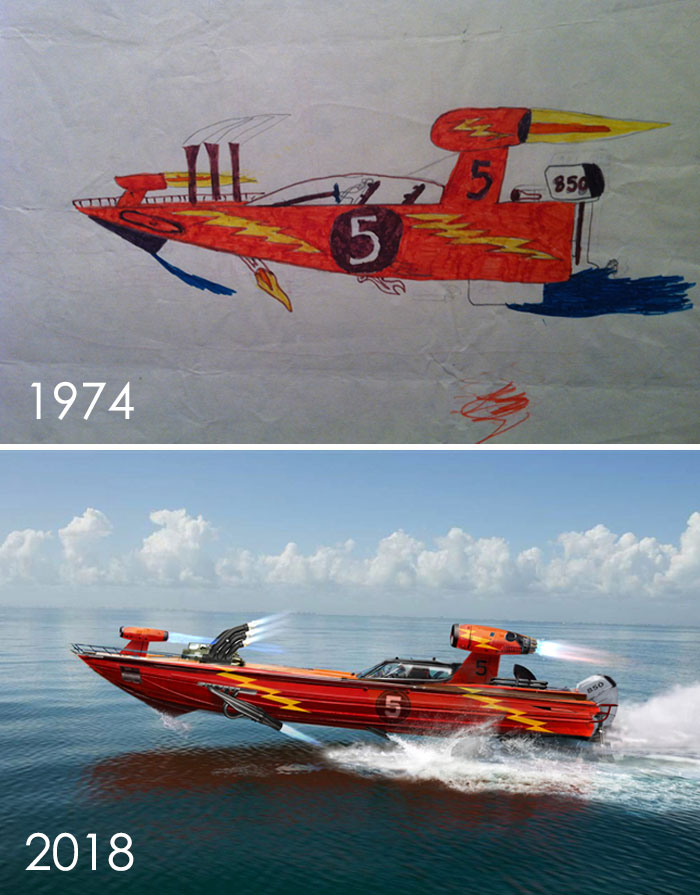 I Found An Old Drawing Of Mine From When I Was Seven Of My Mad Baller Speedboat - A Hybrid Blend Of Top Fuel Dragster, Funny Car, Racing Boat, Tactical Jet Aircraft And Whatever The Hell Else I Wanted. Then I Did An Adult Version To Homage The Original