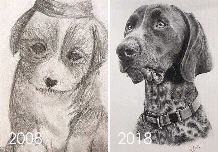 Dibujo que hice en 2008 de mi cachorro cuando yo tenía 11 años, y ahora que ya es un perro mayor