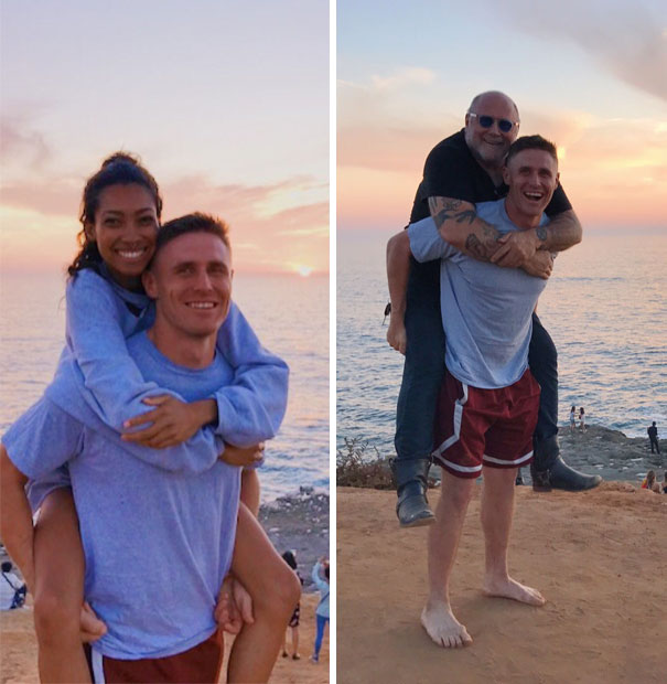 My Lady Friend Wanted A Piggy Back Picture On The Beach And A Random Biker Watching The Sunset Said He Wanted One Too