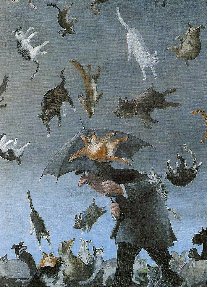 Painting of raining cats and dogs