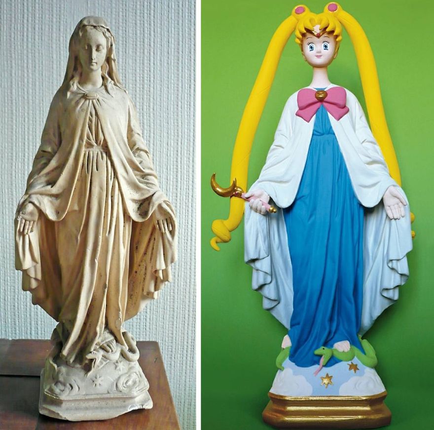 Artist Re-Reading Damaged Images Of The Virgin Mary Transforming Them Into Icon Characters Of Pop Culture