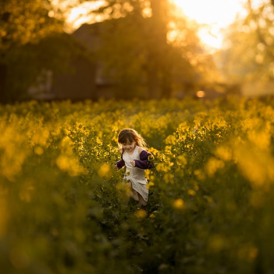 Zalesie, Bydgoszcz, Poland- A Girl Running In A Canola Filed (Canola Fields Are Common In This Area Of Poland)