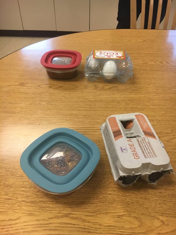 My Coworker And I Brought The Same Breakfast Of Chili In The Same Style Tupperware, And 3 Eggs In A Half Cut Egg Container