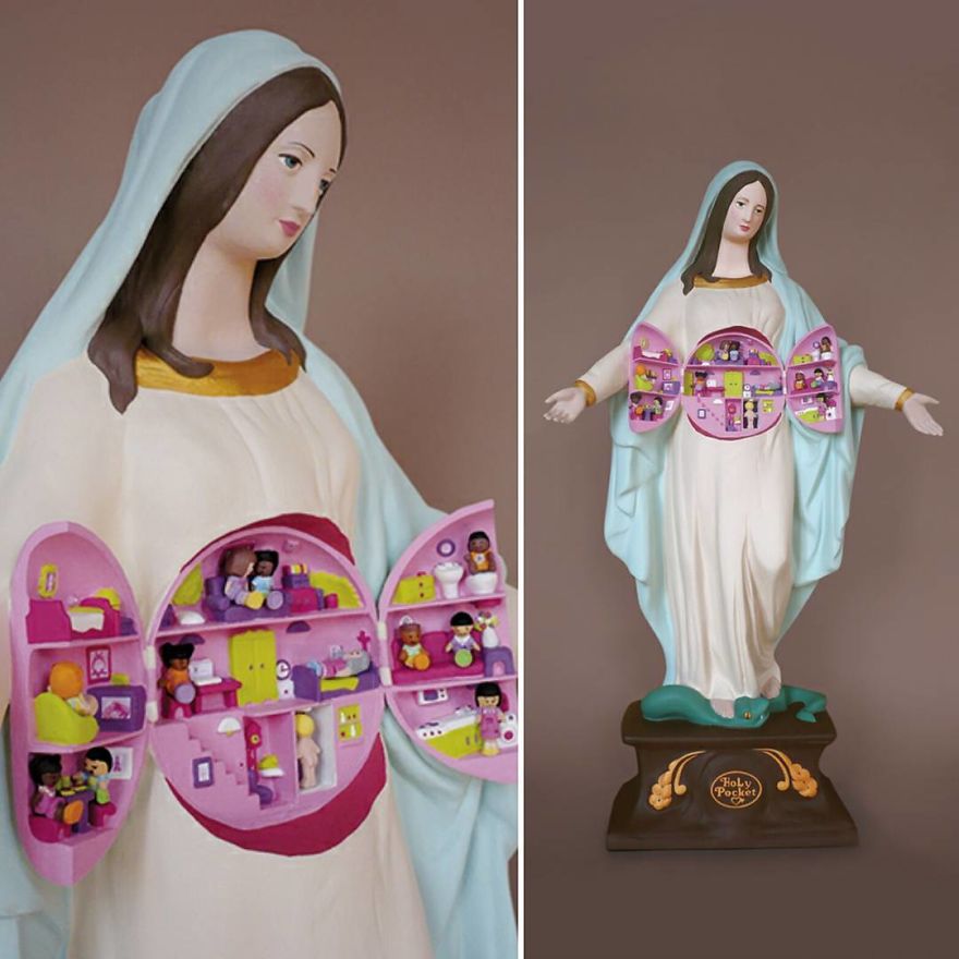 Artist Re-Reading Damaged Images Of The Virgin Mary Transforming Them Into Icon Characters Of Pop Culture