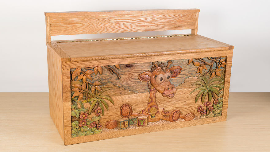 I Hand Carved Two Wooden Toy Boxes For Twins Designed Based On Their Favorite Toys
