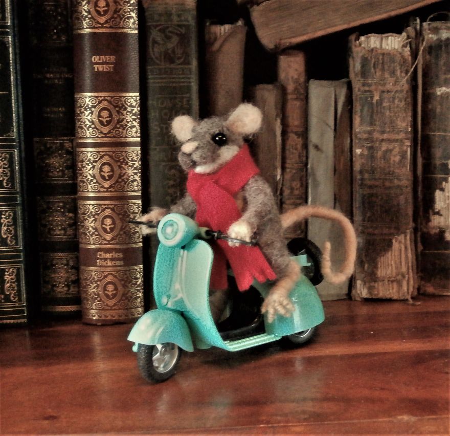 Mouse On A Moped Needle Felt Sculpture By Moonbrush Wood Studios