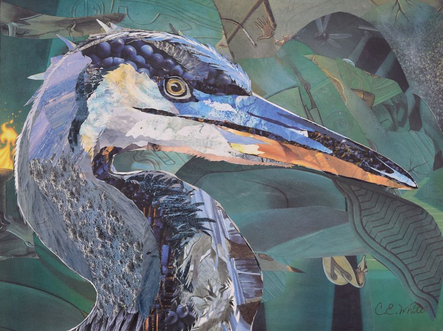Blue Heron Collage From Repurposed Paper
