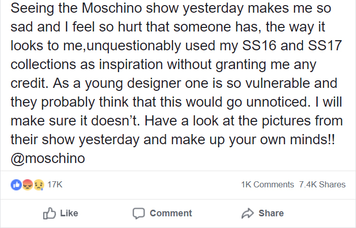 Young Designer Accuses Moschino Of Copying Her Entire Collection, And The Photos Speak For Themselves