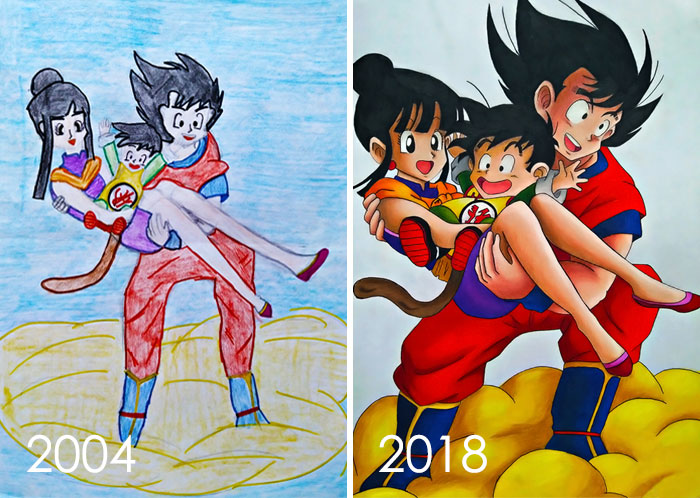 Characters From Dragon Ball Z. In Both Version I Used A4 Paper And Colour Pencils