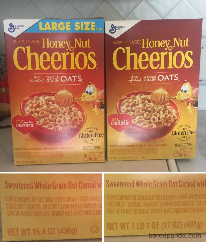 Large Size Cheerios Box Actually Weighs Less Than The Normal Size Box: 15.4 Vs. 17 Ounces