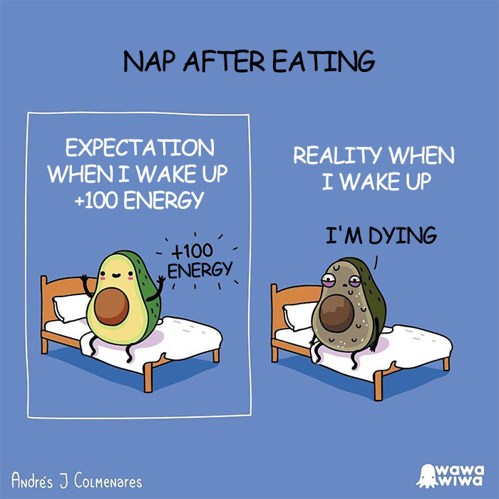 Nap After Eating ... Expectation When I Wake Up +100 Energy ... Reality When I Wake Up . I'm Dying