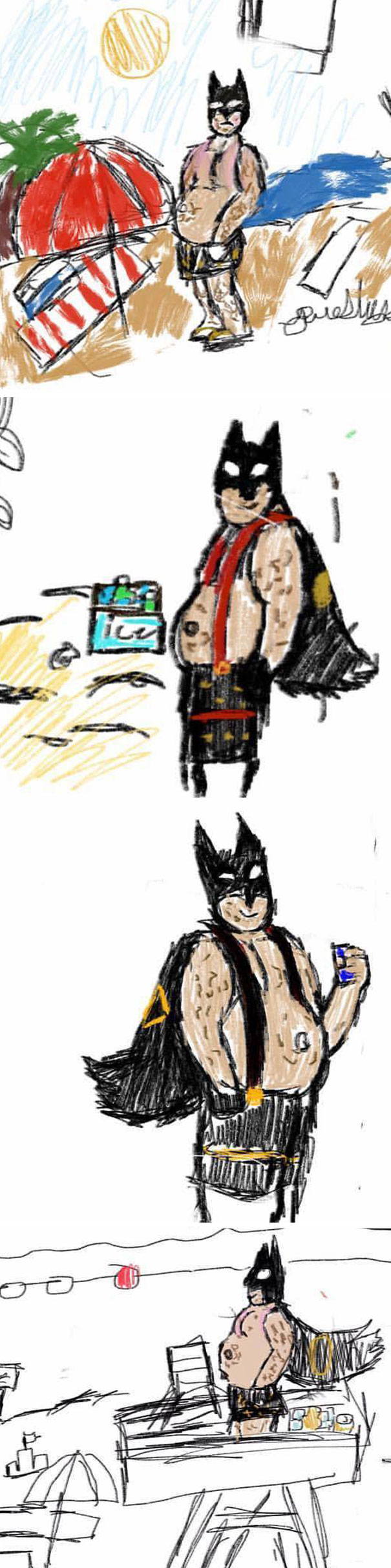 My 11-Year-Old Has Started Drawing Fat, Middle Aged Batman At The Beach And It's Everything You Never Knew You Needed In Life