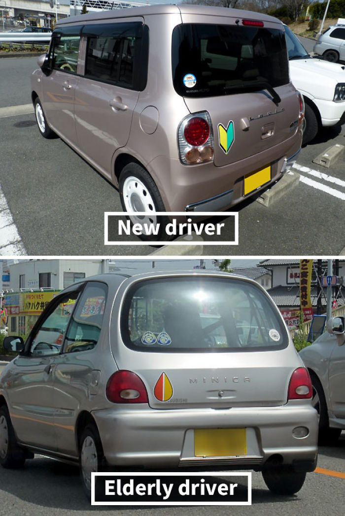 In Japan, Beginner Drivers Use A Shoshinsha Mark - Green And Yellow V-Shaped Symbol That New Drivers In Japan Must Display On Their Cars For One Year After They Obtain A Standard Driver's License. There Is Also A Fukushi Mark Used To Denote Elderly Drivers