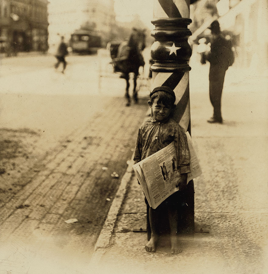 A Little "Shaver," Indianapolis Newsboy, 41 Inches High. Said He Was 6 Years Old. Aug., 1908. Location: Indianapolis, Indiana