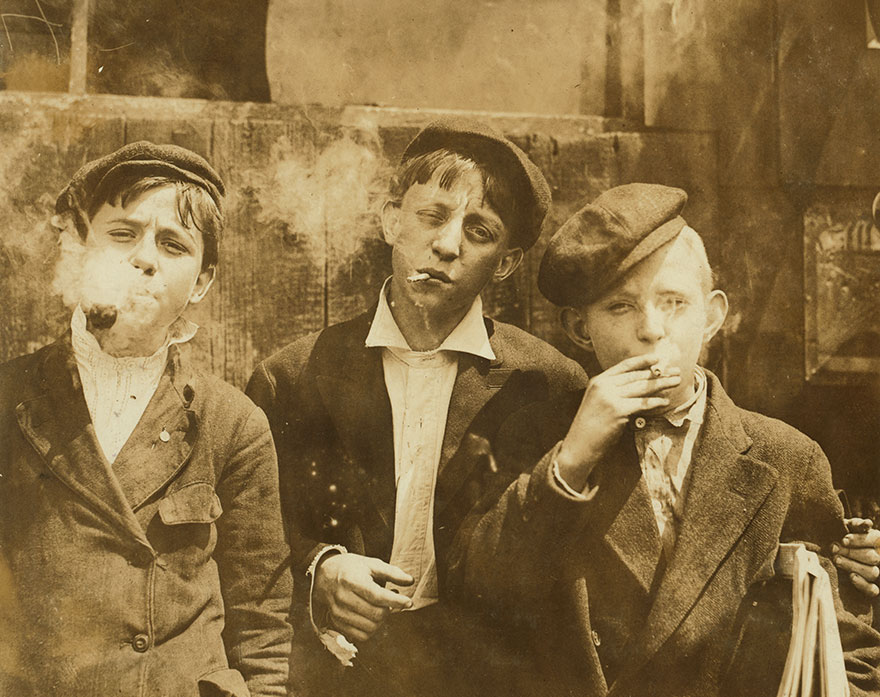 11:00 A. M . Monday, May 9th, 1910. Newsies At Skeeter's Branch, Jefferson Near Franklin. They Were All Smoking. Location: St. Louis, Missouri