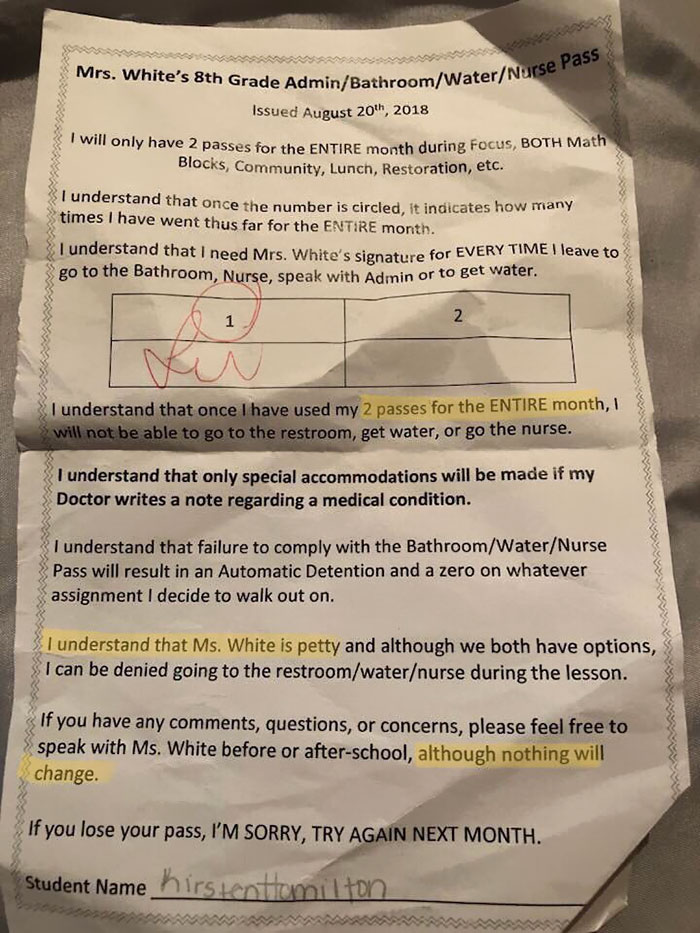People Can't Believe The Shocking Note This Teacher Gave To A Kid After They Asked For A Permission To Go To The Bathroom