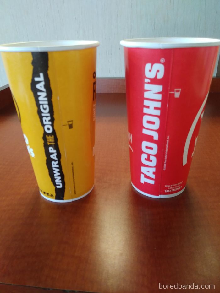 Taco John's Got New Cups: The Line Indicates Where Employees Are Supposed To Fill The Ice To. Same Size Cup Now With 20% More Ice!
