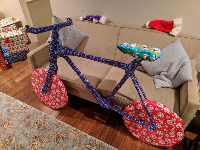 Bought My Brother Tree Trimmers For Christmas, Built A Cardboard Frame Around Them And Wrapped Them Like This