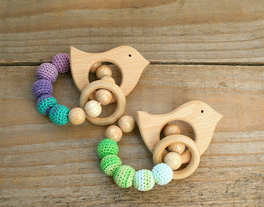 I Made Crochet Wooden Teething Bracelet / Safe Toddler Ring Jewelry
